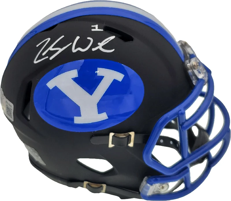 Helmet with Speaker System-Zach Wilson Autographed BYU Cougars Black Speed Mini Helmet Beckett BAS Stock #191115