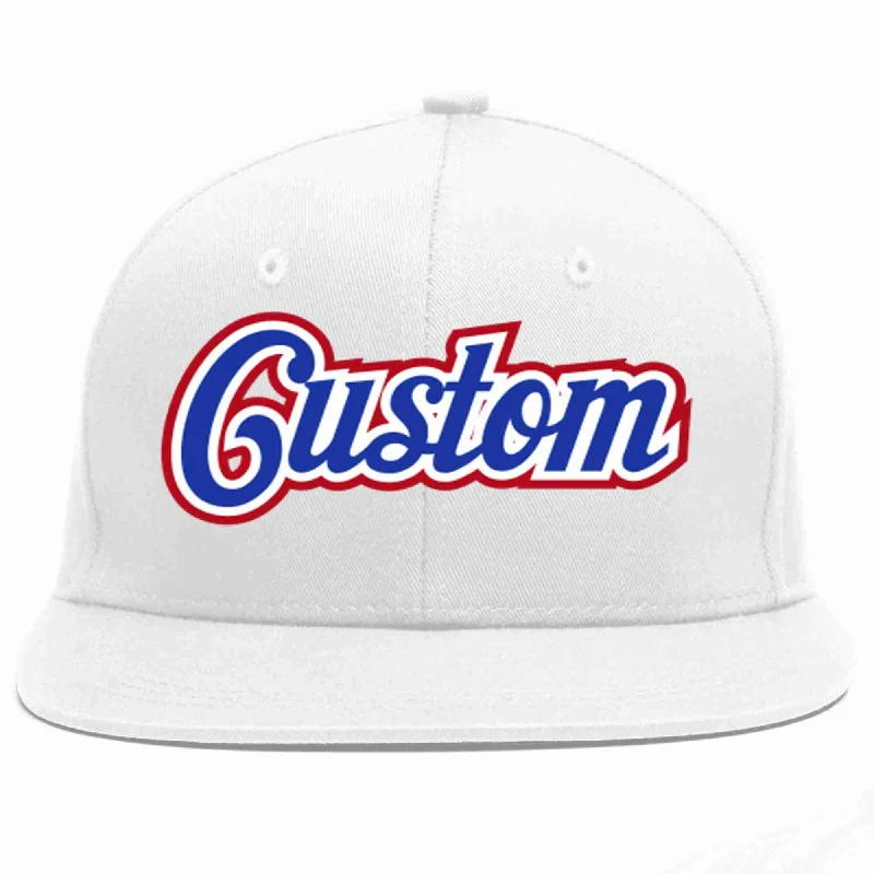 Flat Brim Baseball Cap-Custom White Royal-White Casual Sport Baseball Cap