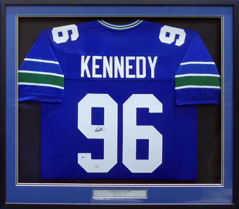 Full Face Football Helmet-Seattle Seahawks Cortez Kennedy Autographed Framed Blue Jersey Beckett BAS Stock #185073