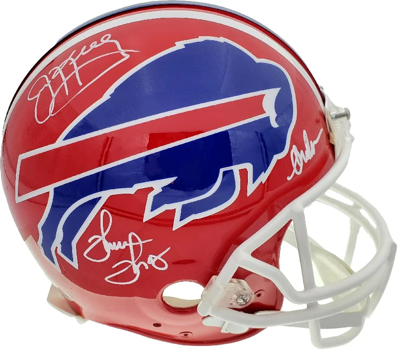 Hard Shell Football Helmet-Jim Kelly, Thurman Thomas & Andre Reed Autographed Buffalo Bills Authentic Proline Full Size Red Helmet Beckett BAS Stock #185862