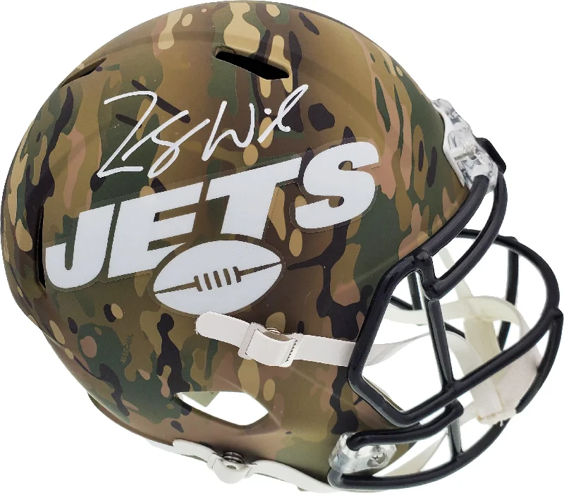 Minimalist Football Helmet-Zach Wilson Autographed New York Jets Camo Full Size Replica Speed Helmet Beckett BAS QR Stock #194725