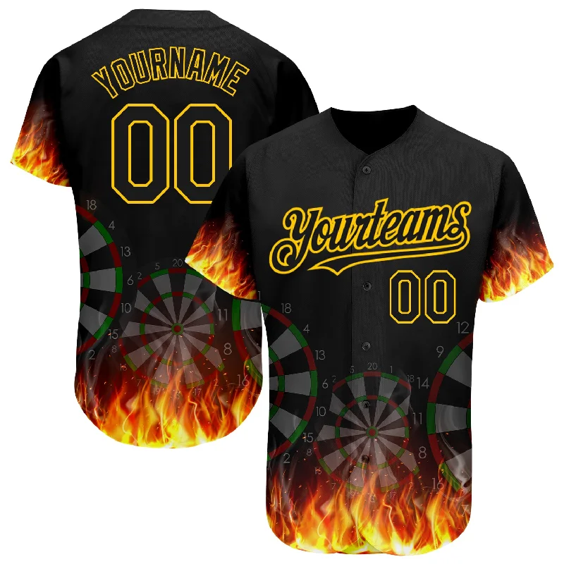 Tie-Dye Baseball Jersey-Custom Black Gold 3D Pattern Design Flame Dart Board Authentic Baseball Jersey