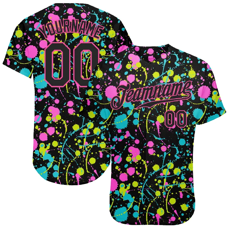 Custom Baseball Jersey-Custom Graffiti Pattern Black-Pink 3D Neon Splatter Authentic Baseball Jersey