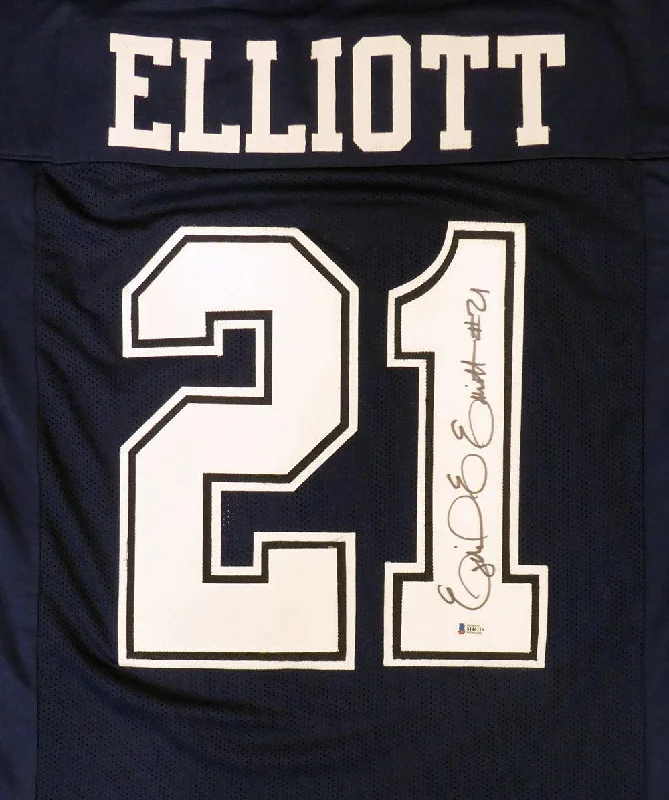 Gold Football Helmet-Dallas Cowboys Ezekiel Elliott Autographed Blue Jersey Beckett BAS Stock #145328