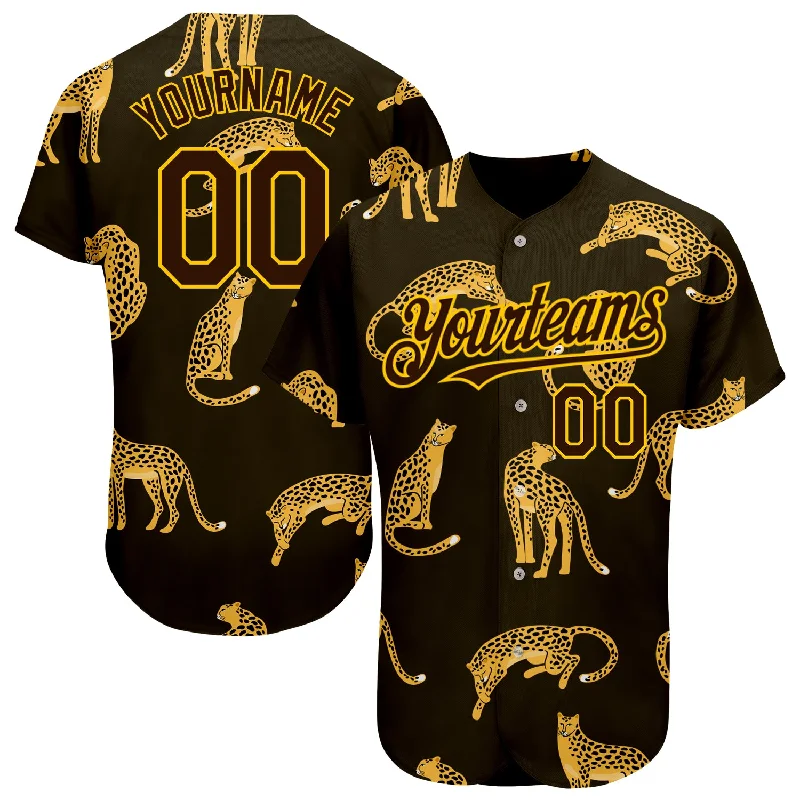 Charity Baseball Jersey-Custom Brown Yellow 3D Pattern Design Leopard Authentic Baseball Jersey