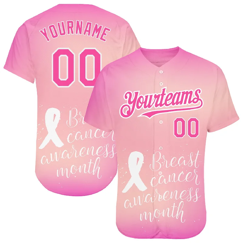 Half Button Baseball Jersey-Custom Pink White 3D Pink Ribbon Breast Cancer Awareness Month Women Health Care Support Authentic Baseball Jersey