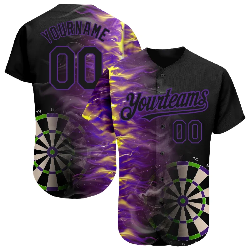 Hall of Fame Baseball Jersey-Custom Black Purple 3D Pattern Design Fiery Dart Board Authentic Baseball Jersey