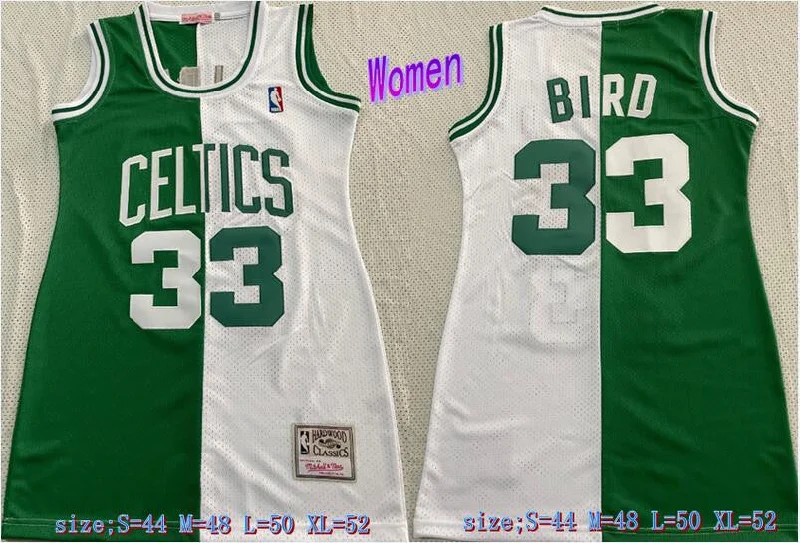 Brown Basketball Jersey-Celtics 33 Larry Bird Split Green White Women Hardwood Classics Basketball Jersey