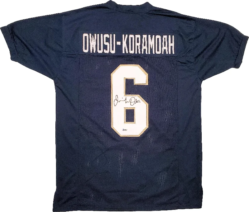 Match Football Helmet-Notre Dame Fighting Irish Jeremiah Owusu-Koramoah Autographed Blue Jersey Beckett BAS Stock #196089