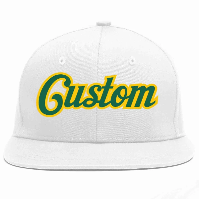 Structured Baseball Cap-Custom White Kelly Green-Gold Casual Sport Baseball Cap