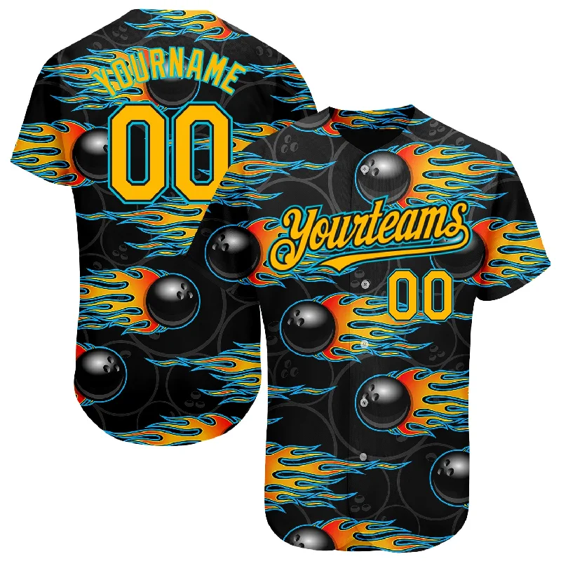 Full Button Baseball Jersey-Custom Black Gold-Lakes Blue 3D Pattern Design Bowling Ball With Hotrod Flame Authentic Baseball Jersey