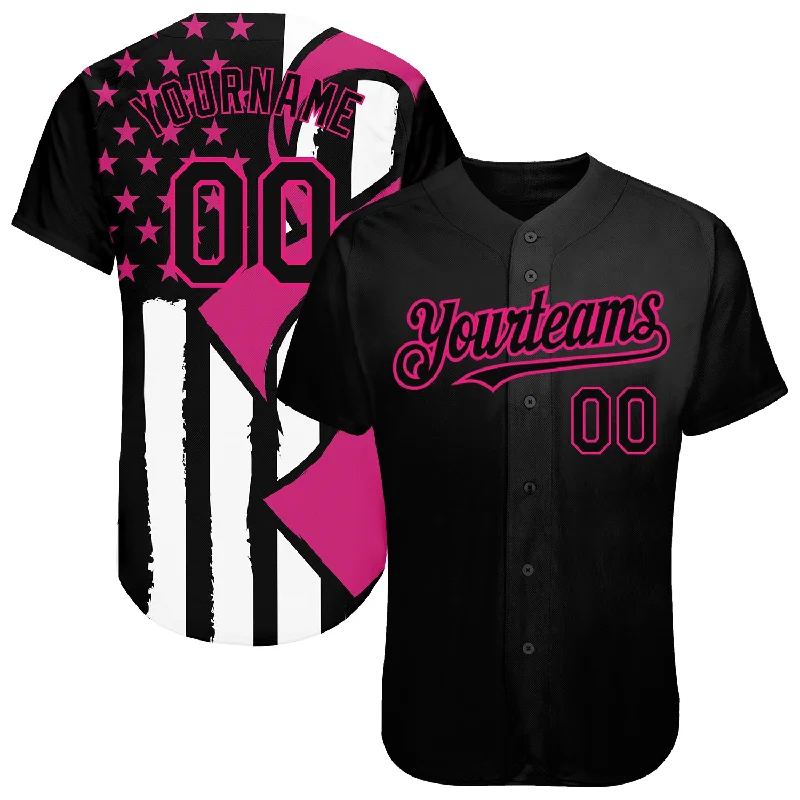 Raglan Baseball Jersey-Custom Black Hot Pink-White 3D Pink Ribbon Breast Cancer Awareness Month Women Health Care Support Authentic Baseball Jersey