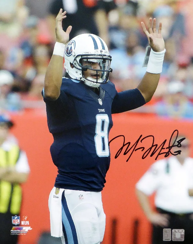 Hard Shell Football Helmet-Marcus Mariota Autographed 16x20 Photo Tennessee Titans MM Holo Stock #94940