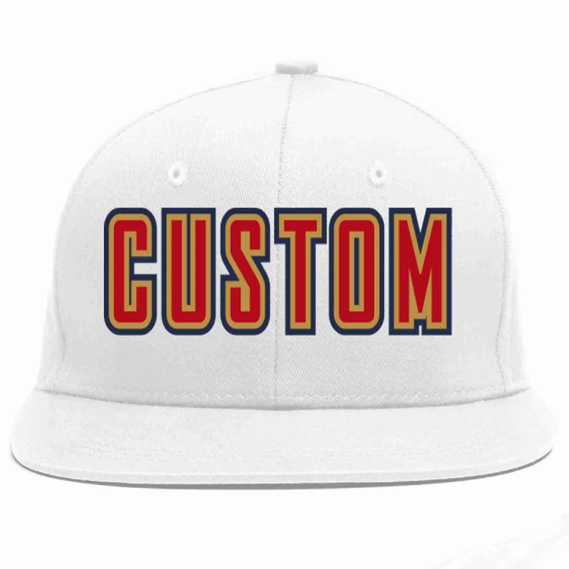 Curved Brim Baseball Cap-Custom White Red-Old Gold Casual Sport Baseball Cap