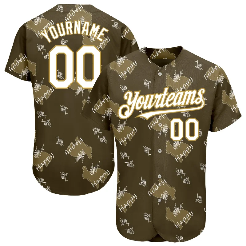 Green Baseball Jersey-Custom Olive Old Gold-White 3D Pattern Design Rabbit Authentic Baseball Jersey