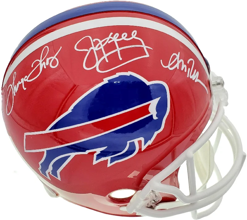 Padded Football Helmet-Jim Kelly, Thurman Thomas & Andre Reed Autographed Buffalo Bills Full Size Red Replica Throwback Helmet Beckett BAS Stock #185865