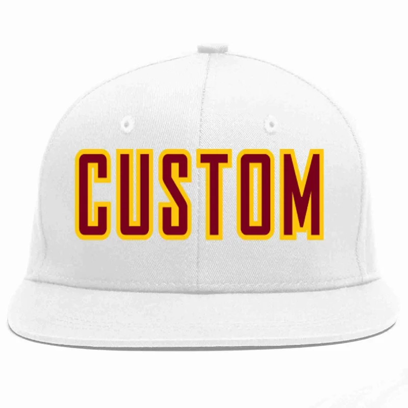 Adjustable Baseball Cap-Custom White Crimson-Gold Casual Sport Baseball Cap