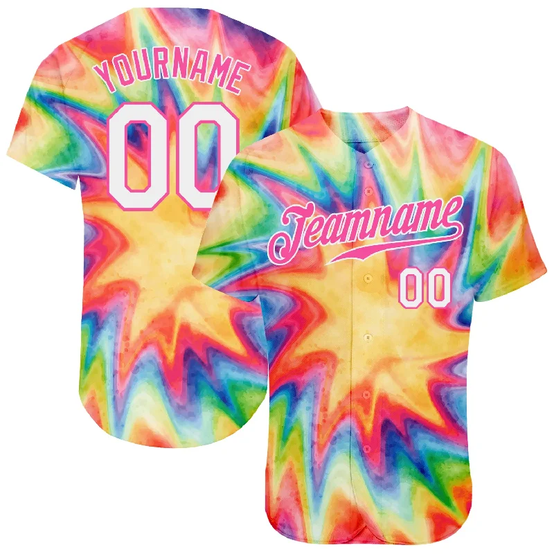 V-Neck Baseball Jersey-Custom Tie Dye White-Pink 3D Watercolor Rainbow Authentic Baseball Jersey