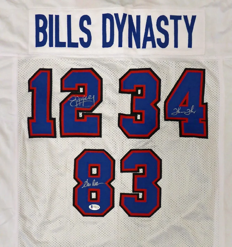 Classic Football Helmet-Buffalo Bills Team Greats Autographed White Jersey With 3 Signatures Including Jim Kelley, Thurman Thomas & Andre Reed Beckett BAS Stock #191973