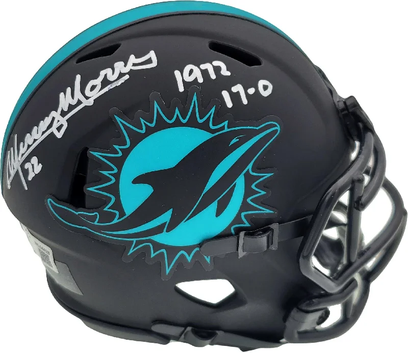 Silver Football Helmet-Mercury Morris Autographed Miami Dolphins Eclipse Black Speed Mini Helmet "1972 17-0" Beckett BAS QR Stock #194067