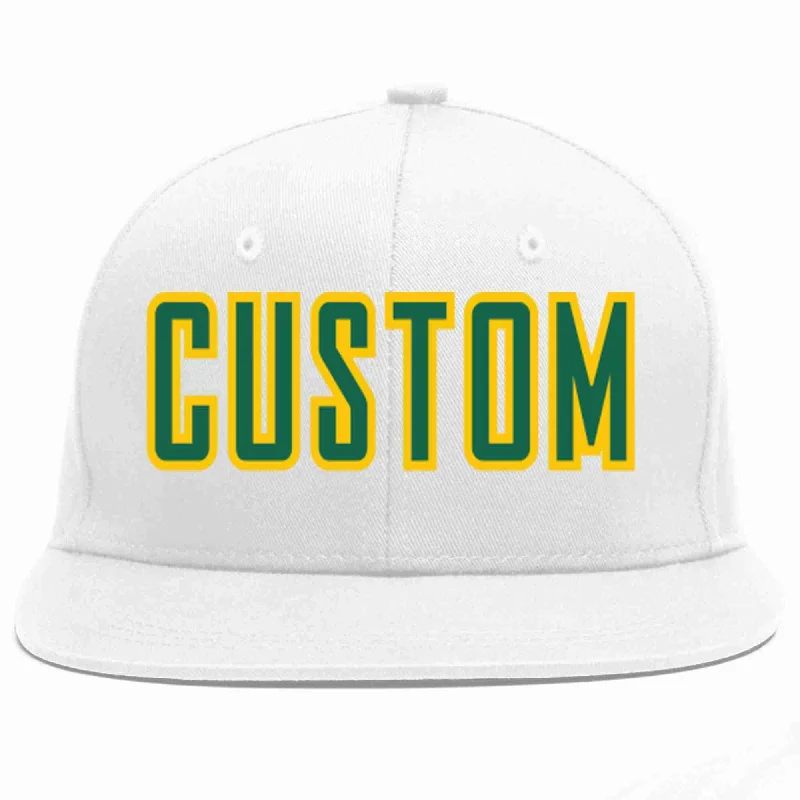 Structured Baseball Cap-Custom White Kelly Green-Gold Casual Sport Baseball Cap