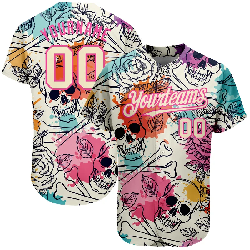 Authentic Baseball Jersey-Custom Cream Pink-Black 3D Flower And Skull Fashion Authentic Baseball Jersey