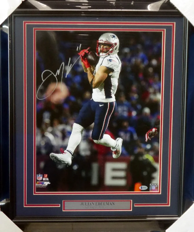 White Football Helmet-Julian Edelman Autographed Framed 16x20 Photo New England Patriots Beckett BAS Stock #151425