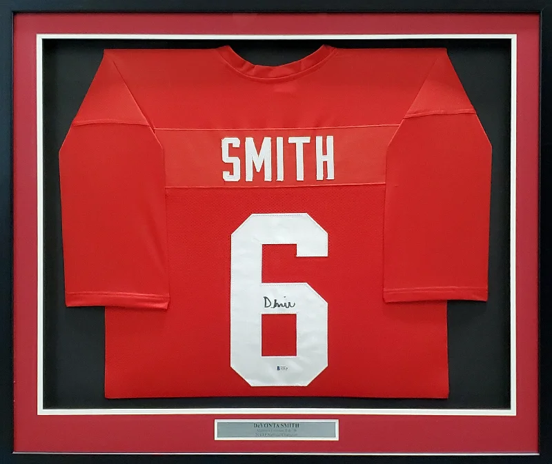 Streamlined Football Helmet-Alabama Crimson Tide Devonta Smith Autographed Framed Red Jersey Beckett BAS Stock #195228