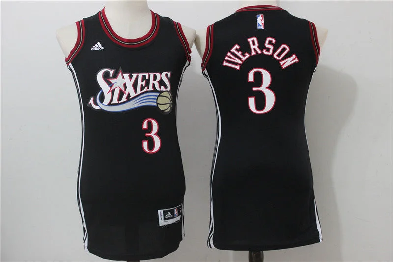 Sleeved Basketball Jersey-76ers 3 Allen Iverson Black Women Throwback Swingman Basketball Jersey