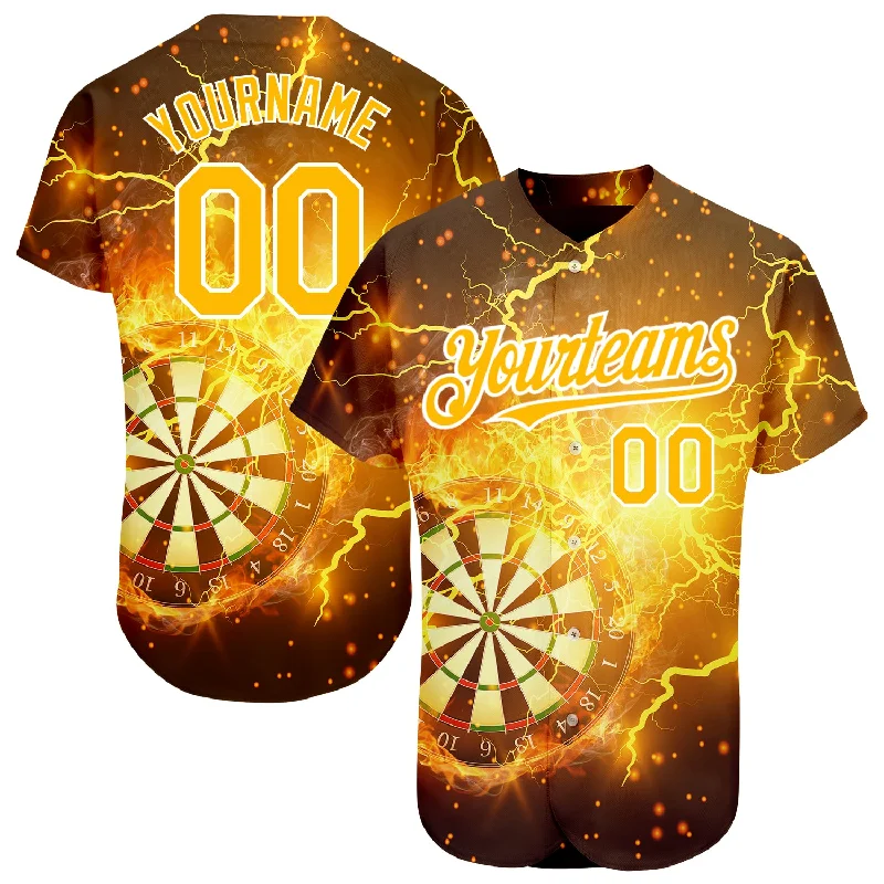 Charity Baseball Jersey-Custom Black Gold-White 3D Pattern Design Lightning Flame Dart Board Authentic Baseball Jersey