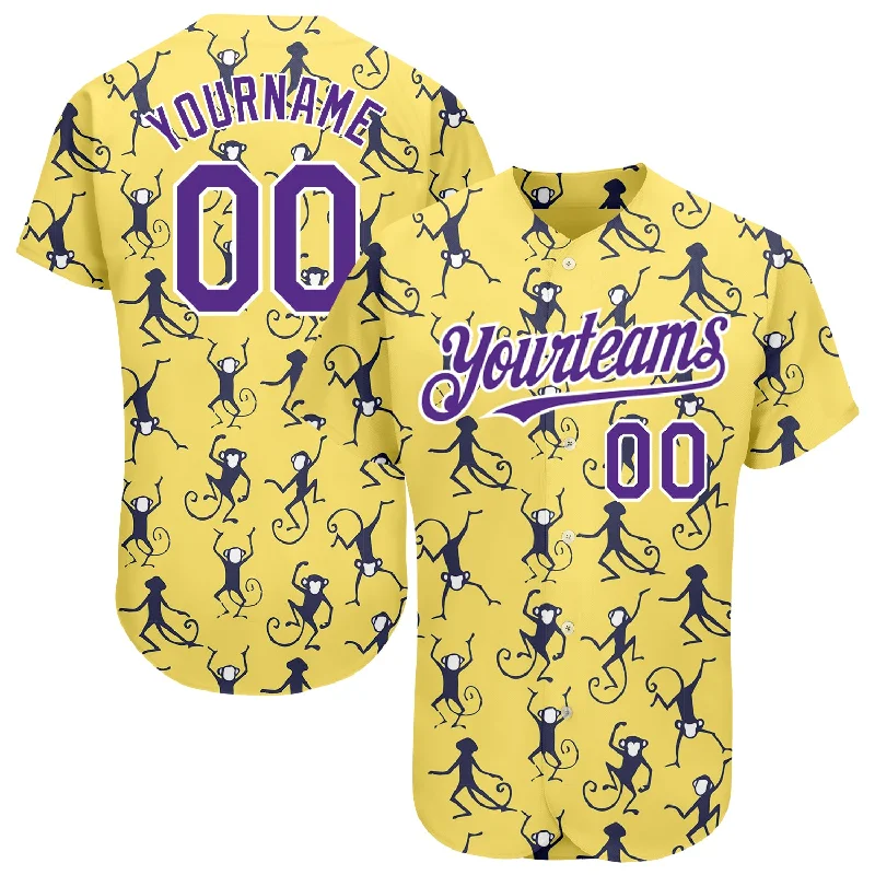 Authentic Baseball Jersey-Custom Yellow Purple-White 3D Pattern Design Monkey Authentic Baseball Jersey