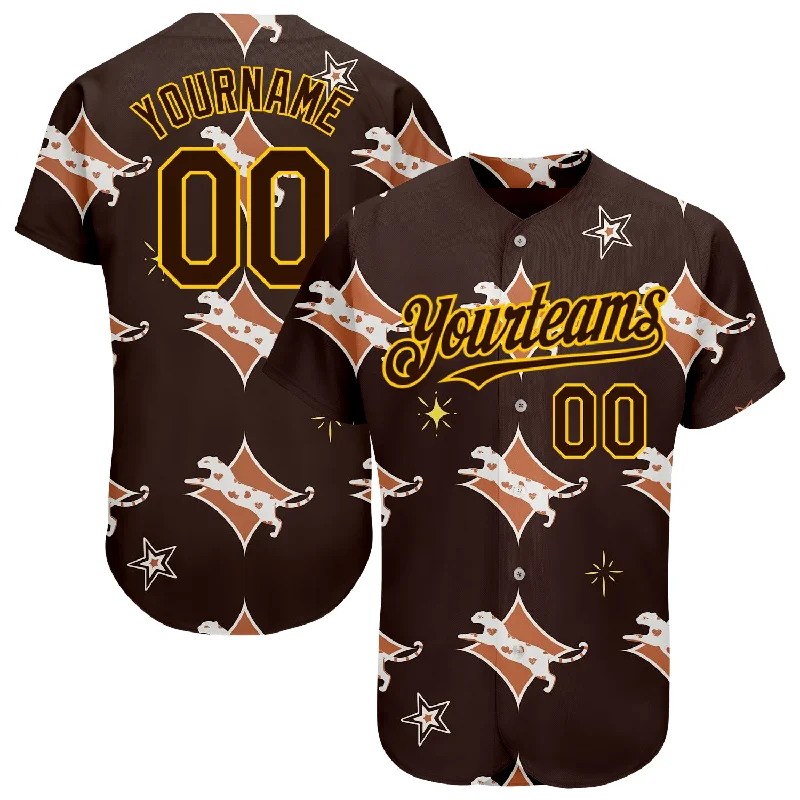 Numbered Baseball Jersey-Custom Brown Yellow 3D Pattern Design Leopard Authentic Baseball Jersey