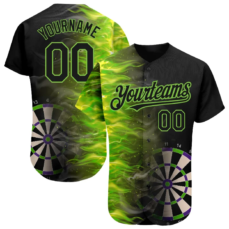 Throwback Baseball Jersey-Custom Black Neon Green 3D Pattern Design Fiery Dart Board Authentic Baseball Jersey