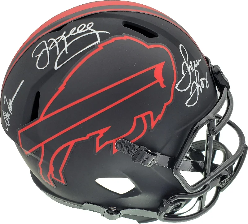 Extra Cushion Football Helmet-Jim Kelly, Thurman Thomas & Andre Reed Autographed Eclipse Black Buffalo Bills Speed Replica Full Size Helmet Beckett BAS Stock #185864