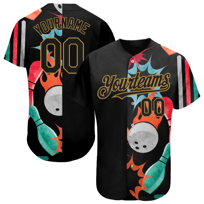 All-Season Baseball Jersey-Custom Black Old Gold 3D Pattern Design Bowling Authentic Baseball Jersey