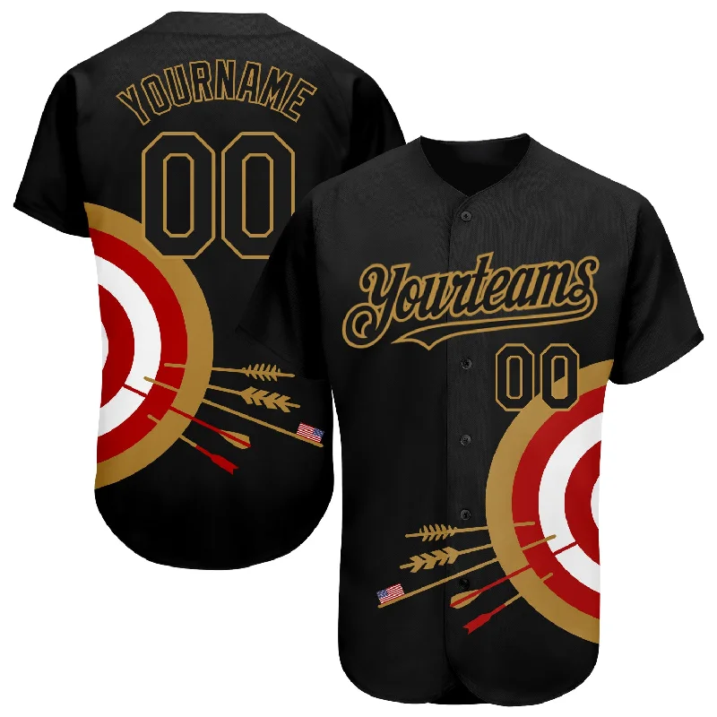 Striped Baseball Jersey-Custom Black Old Gold-Red 3D Pattern Design Dart Board Target Authentic Baseball Jersey