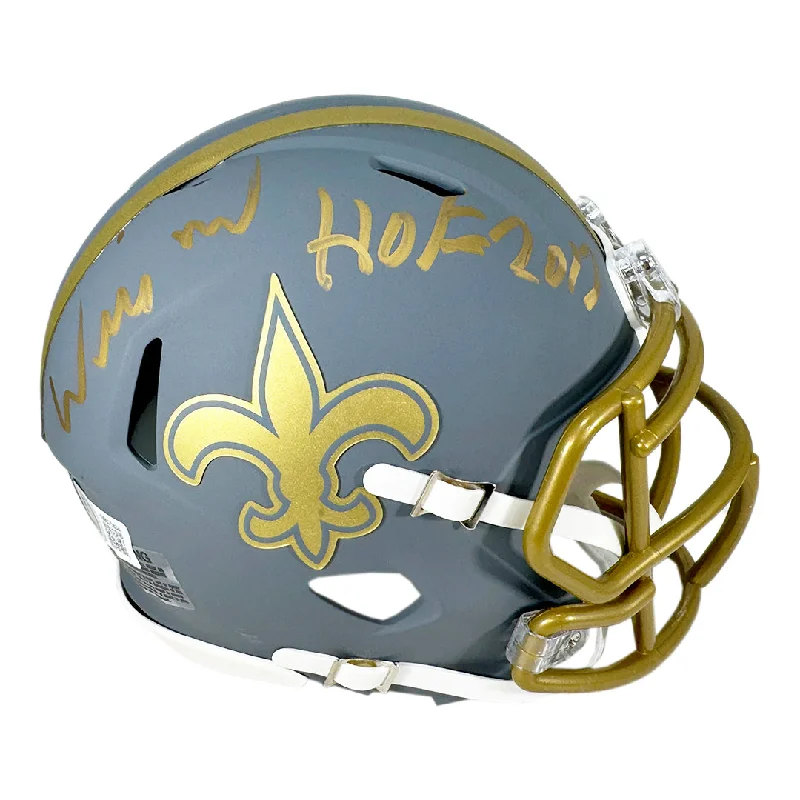 Orange Football Helmet-Willie Roaf Signed HOF 2012 Inscription New Orleans Saints Slate Alternate Speed Mini Football Helmet (Beckett)