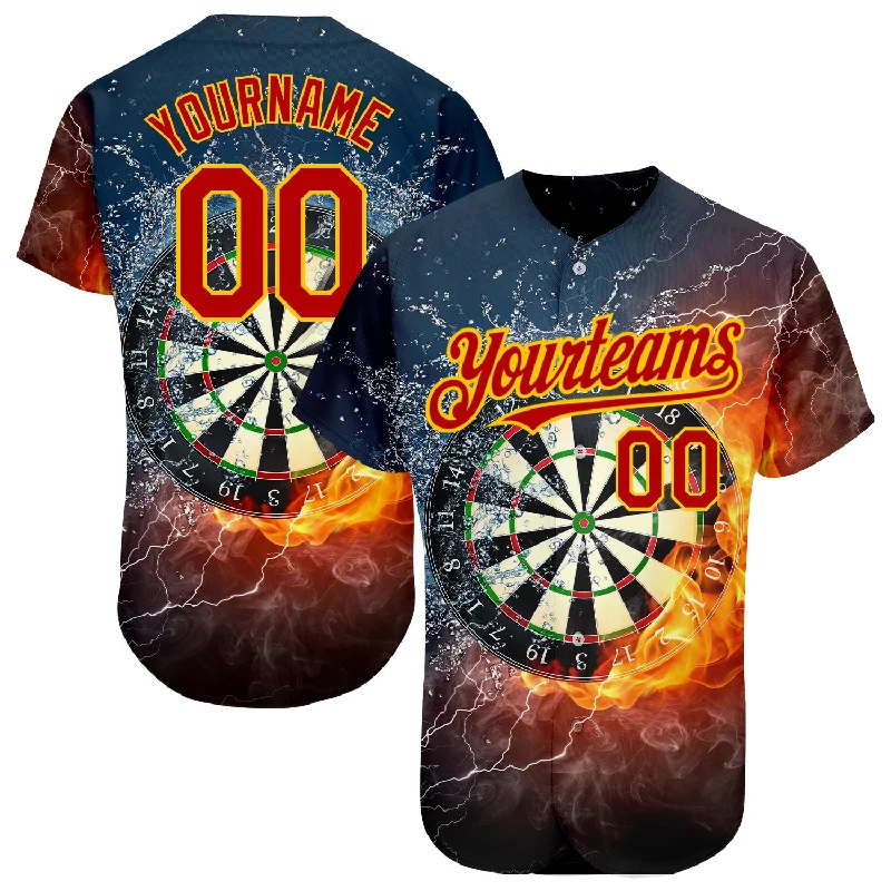 Player Edition Baseball Jersey-Custom Black Red-Gold 3D Pattern Design Flame Dart Board Authentic Baseball Jersey