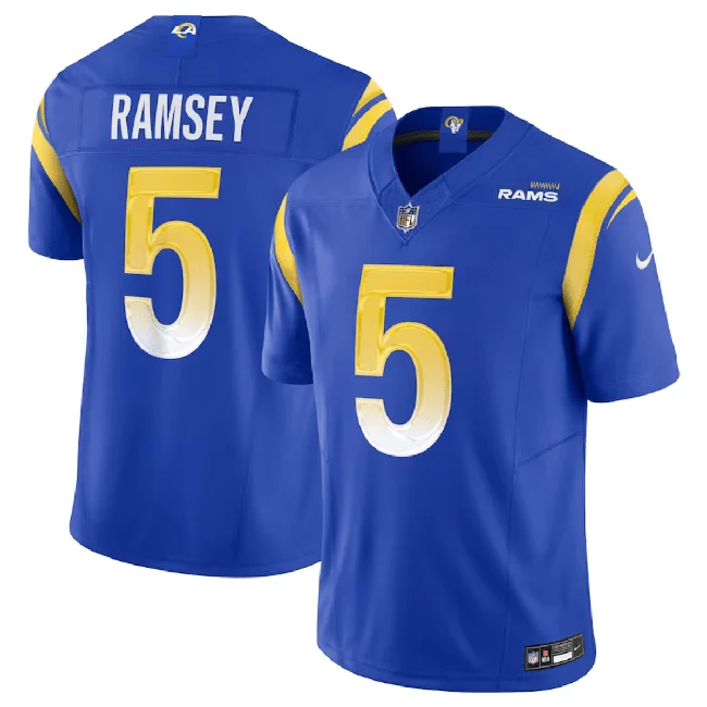 Short Sleeve Soccer Jersey-Men's Los Angeles Rams #5 Jalen Ramsey Blue 2023 F.U.S.E. Untouchable Limited Football Stitched Jersey