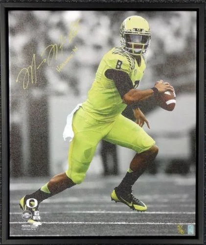 Adjustable Chin Strap Football Helmet-Marcus Mariota Autographed Framed 20x24 Canvas Photo Oregon Ducks "Heisman '14" #/8 MM Holo Stock #91864