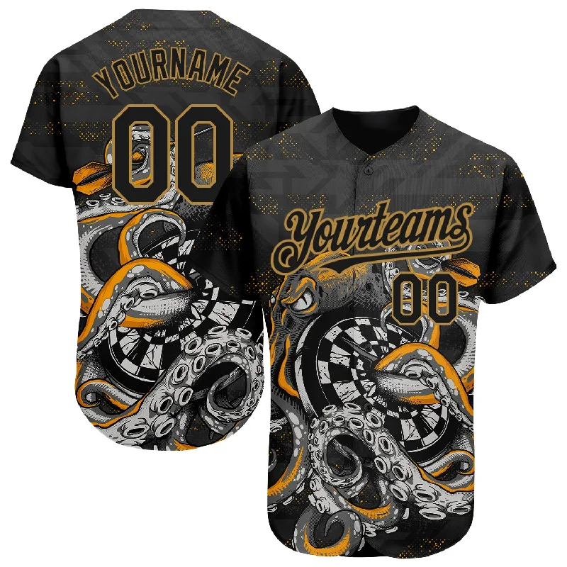 Digital Print Baseball Jersey-Custom Black Old Gold 3D Pattern Design Octopus Wrapped Around Dart Board Authentic Baseball Jersey