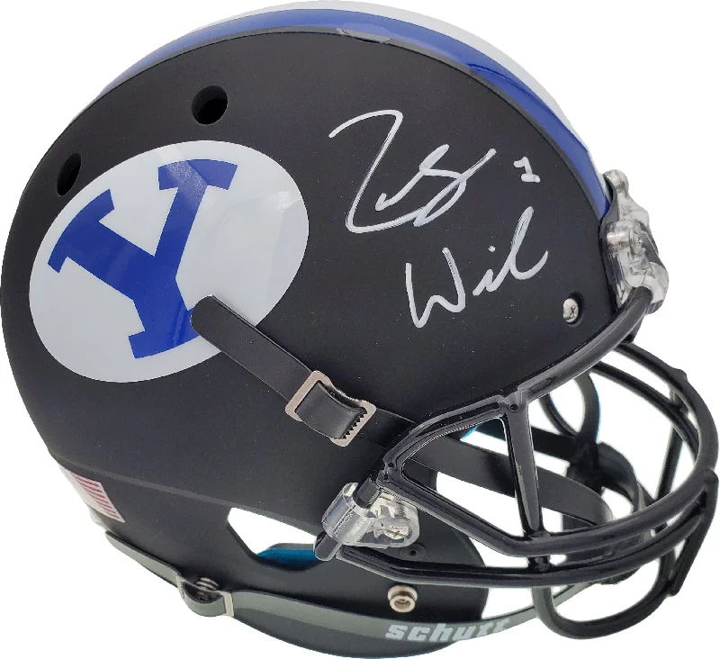 Limited Edition Football Helmet-Zach Wilson Autographed BYU Cougars Matte Black Schutt Full Size Replica Helmet Beckett BAS Stock #191106