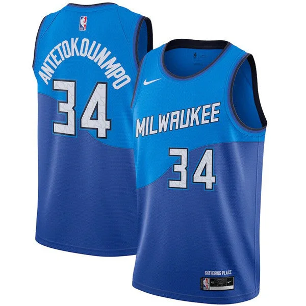 Striped Basketball Jersey-Men's Milwaukee Bucks #34 Giannis Antetokounmpo Blue Stitched Basketball Jersey (Check description if you want Women or Youth size)