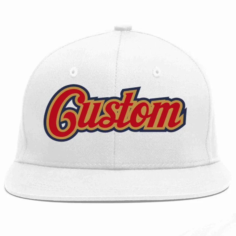 Curved Brim Baseball Cap-Custom White Red-Old Gold Casual Sport Baseball Cap