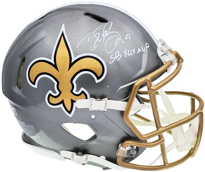 Metallic Football Helmet-Drew Brees Autographed New Orleans Saints Flash Silver Full Size Authentic Speed Helmet "SB XLIV MVP" Beckett BAS QR Stock #197103