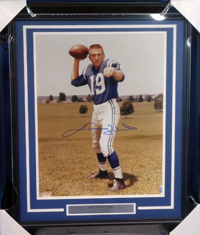 Blue Football Helmet-Johnny Unitas Autographed Framed 16x20 Photo Baltimore Colts Beckett BAS #A20733