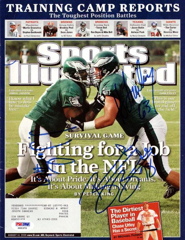 Full Face Football Helmet-Hank Fraley, Jamaal Jackson & Broderick Bradley Autographed Sports Illustrated Magazine Philadelphia Eagles PSA/DNA #X65370