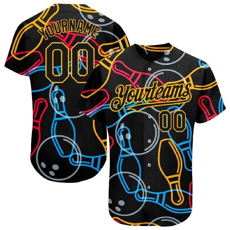 Cooling Baseball Jersey-Custom Black Gold 3D Pattern Design Bowling Authentic Baseball Jersey