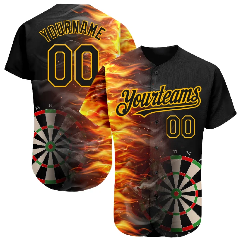 Commemorative Baseball Jersey-Custom Black Gold 3D Pattern Design Fiery Dart Board Authentic Baseball Jersey