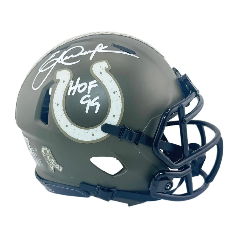 Embroidered Football Helmet-Eric Dickerson Signed HOF 99 Inscription Indianapolis Colts Salute to Service Mini Football Helmet (Beckett)